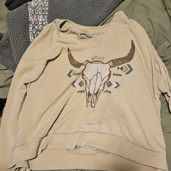 Ariat Tops - Ariat Soft Yellow V‑Neck Sweater with Long Horn Skull